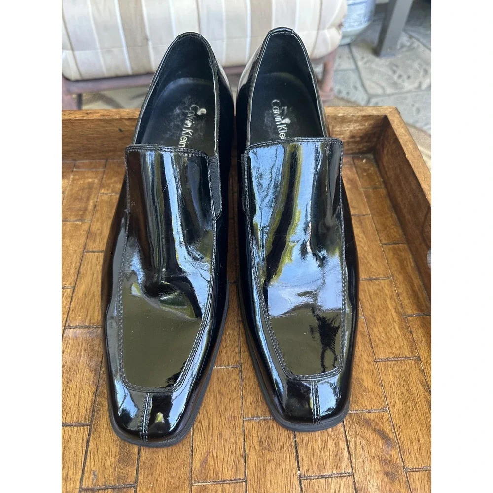 Calvin‎ Klein Mens Gregory Black Patent Leather Square Toe Slip On Loafers 10M